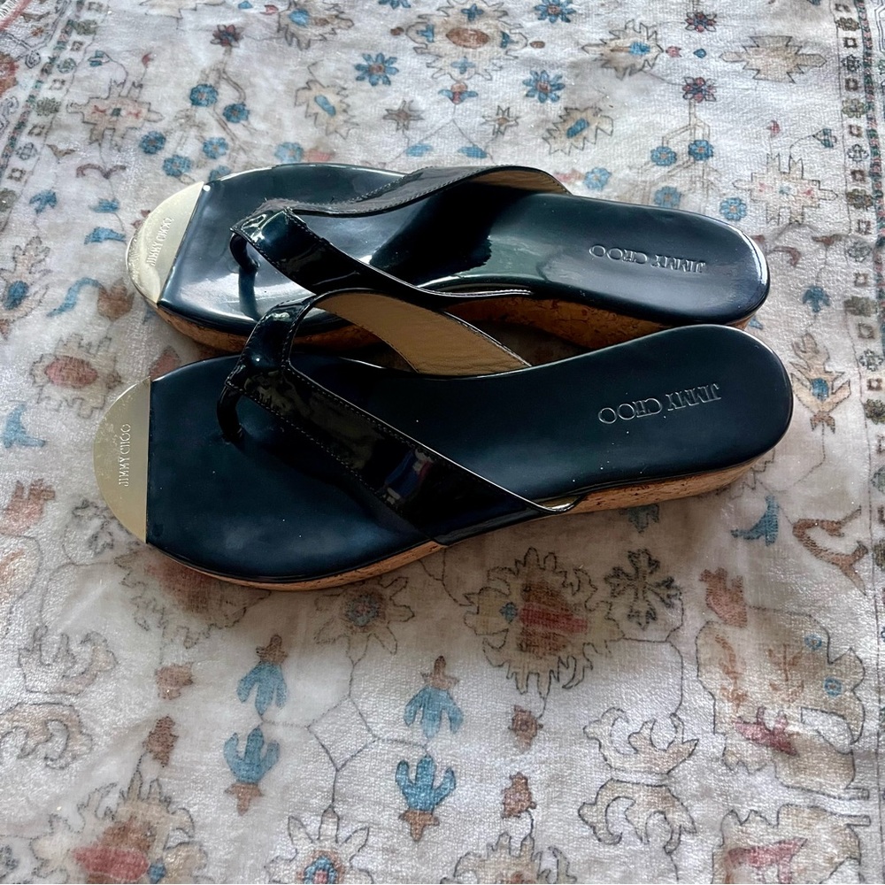 Jimmy Choo Black and Gold Patent Leather Thong Sandals